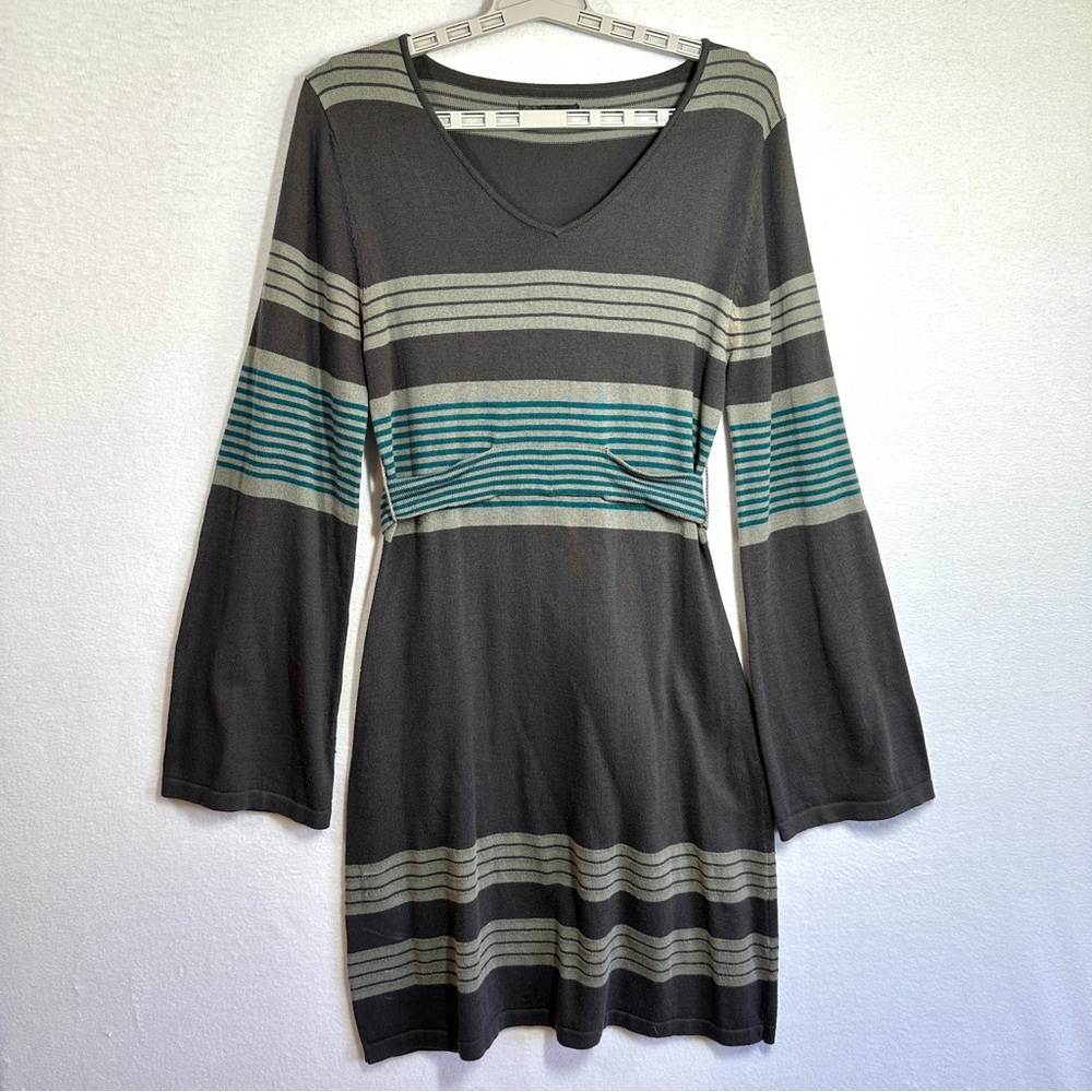 Prana Sydney Sweater Dress Womens M Gray Striped Tie Waist Bell Sleeves Belt